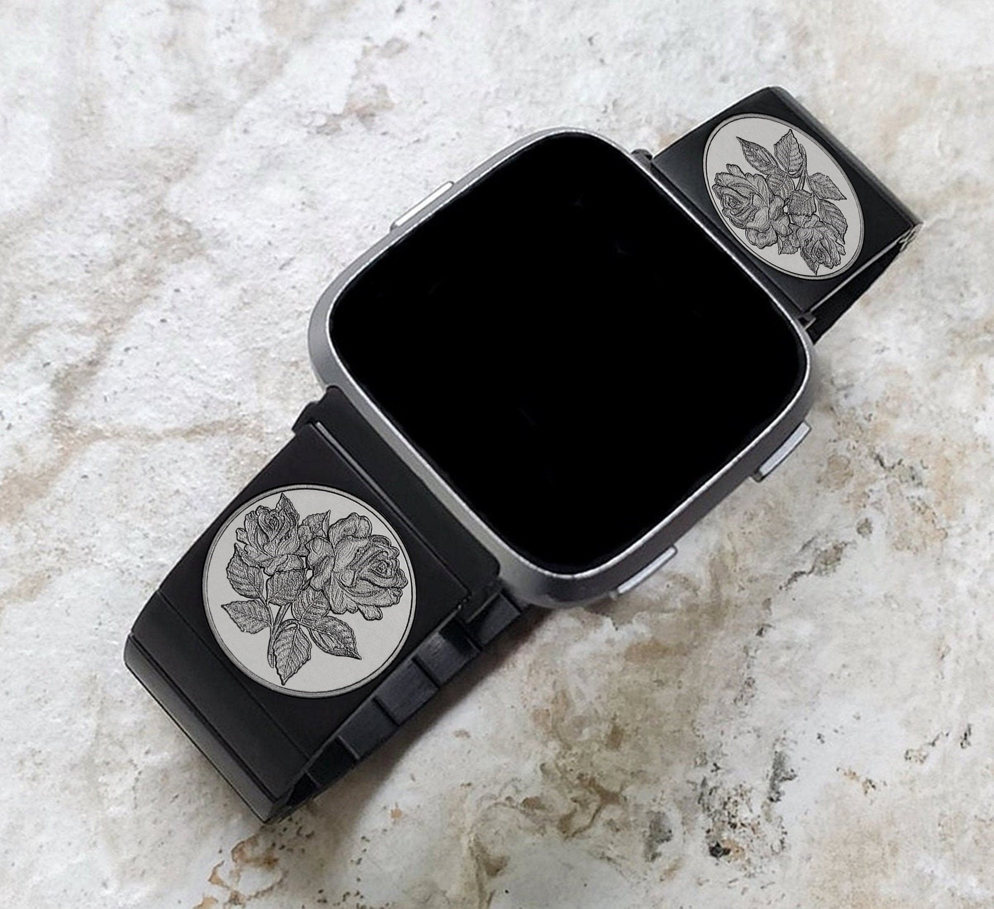 Rose Floral Engraved Watch Band Compatible with Fitbit Versa Lite 2 3 4 and Sense 1 2 Smartwatches Black Stainless Steel Bracelet Strap RS1